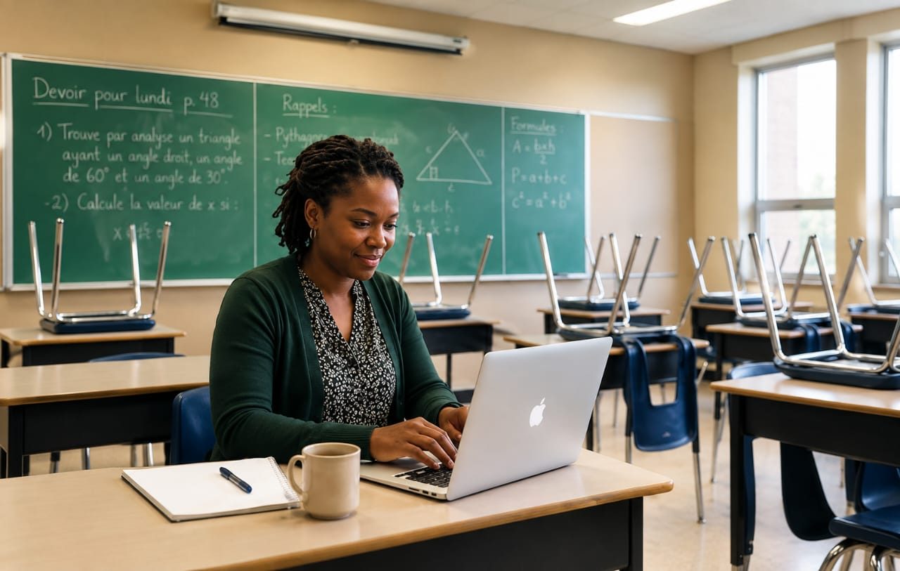 A teacher enters her grades on her laptop in her classroom.